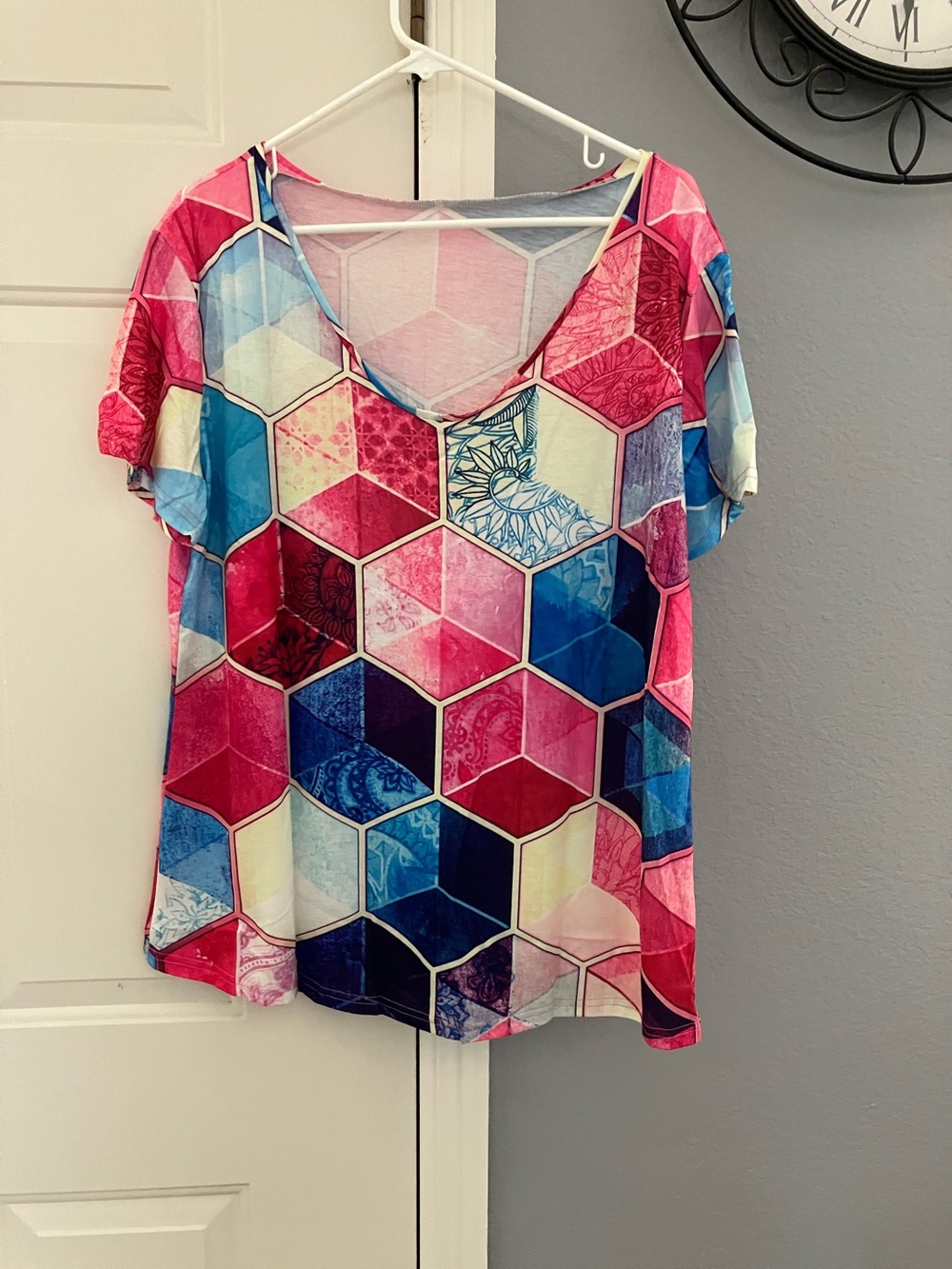 Geometric V-Neck Blouse in Pink & Blue